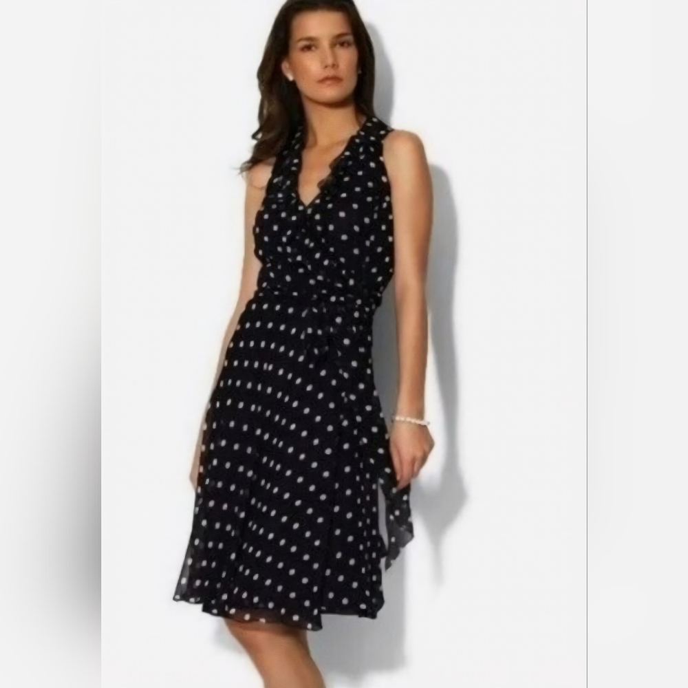 Ralph Lauren Navy Blue Asymmetrical Polka Dot Dress